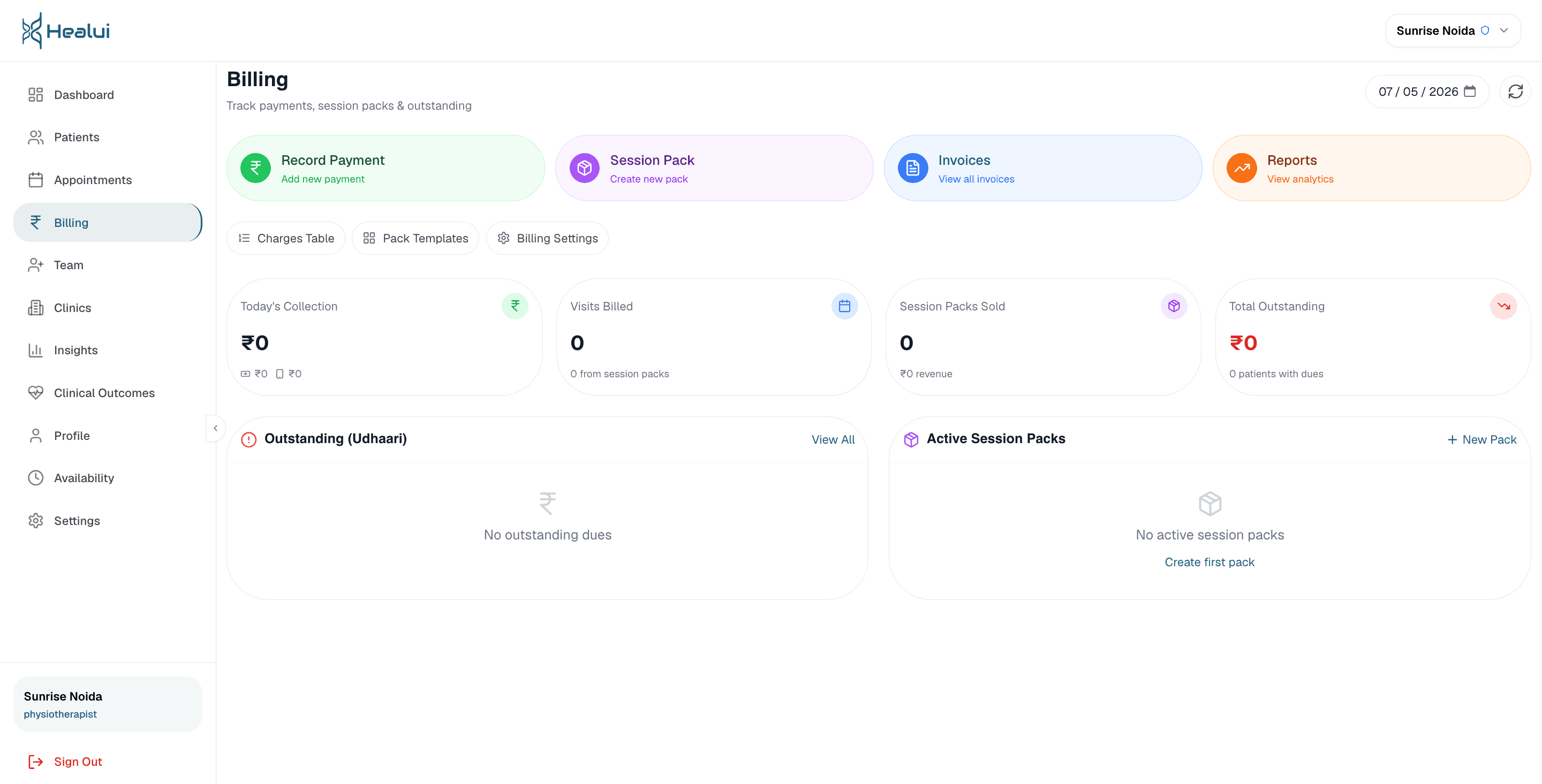 Healui Billing: Payments & invoices — Session packs, invoices, GST-ready.