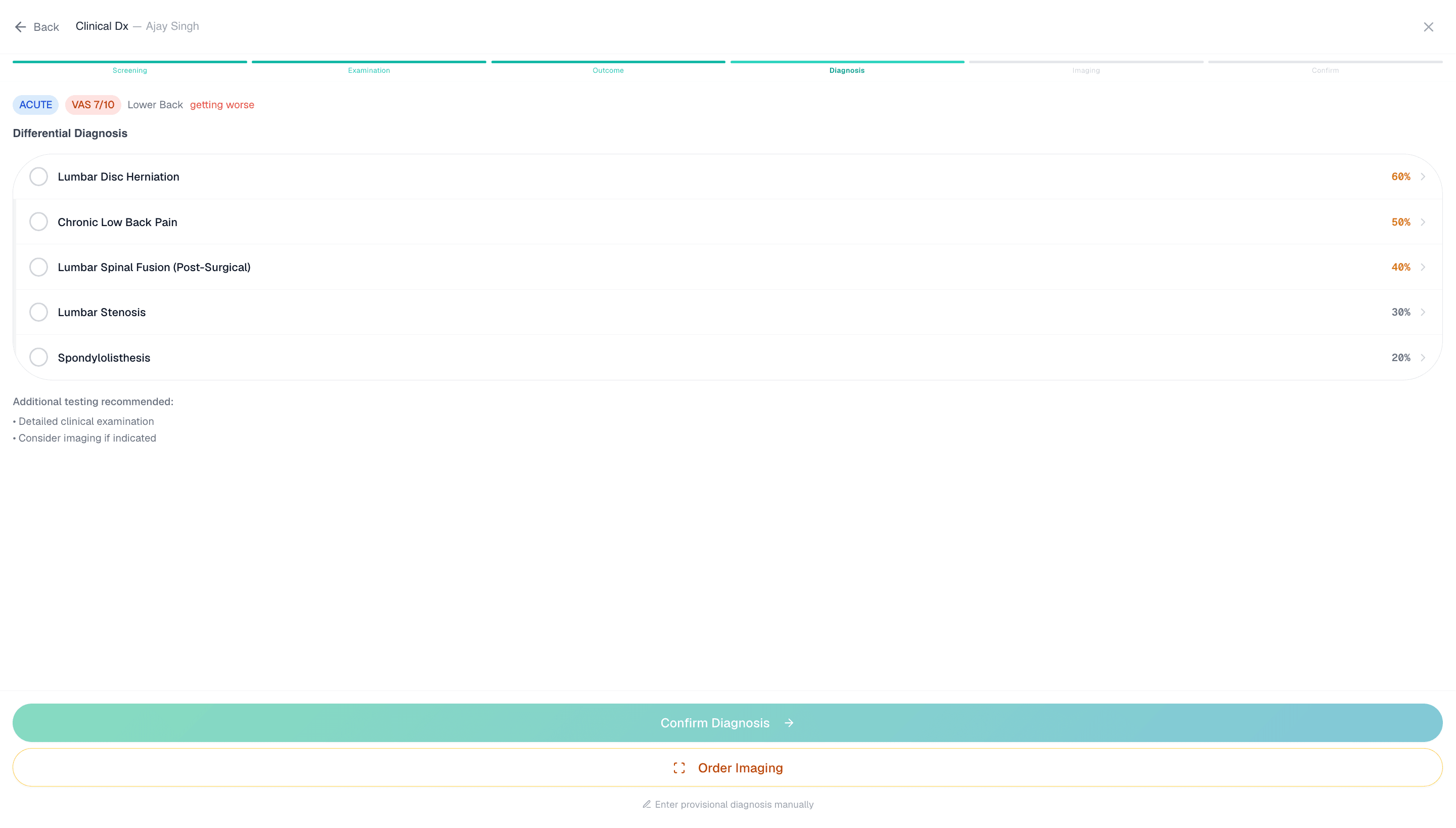 Healui Differential Dx: Ranked differentials from 2,000+ conditions. — Confidence-scored diagnoses generated from screening and exam. You stay in control.