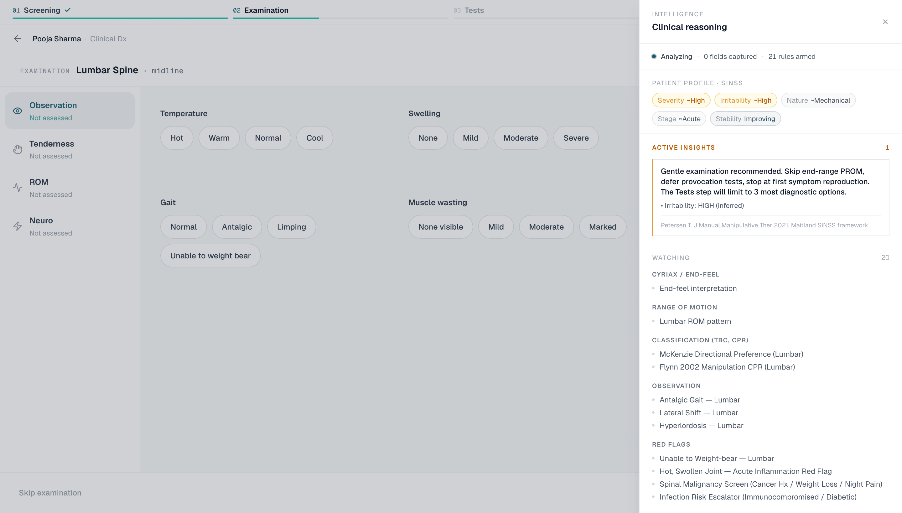 Healui clinical reasoning panel with SINSS chips and cited insights