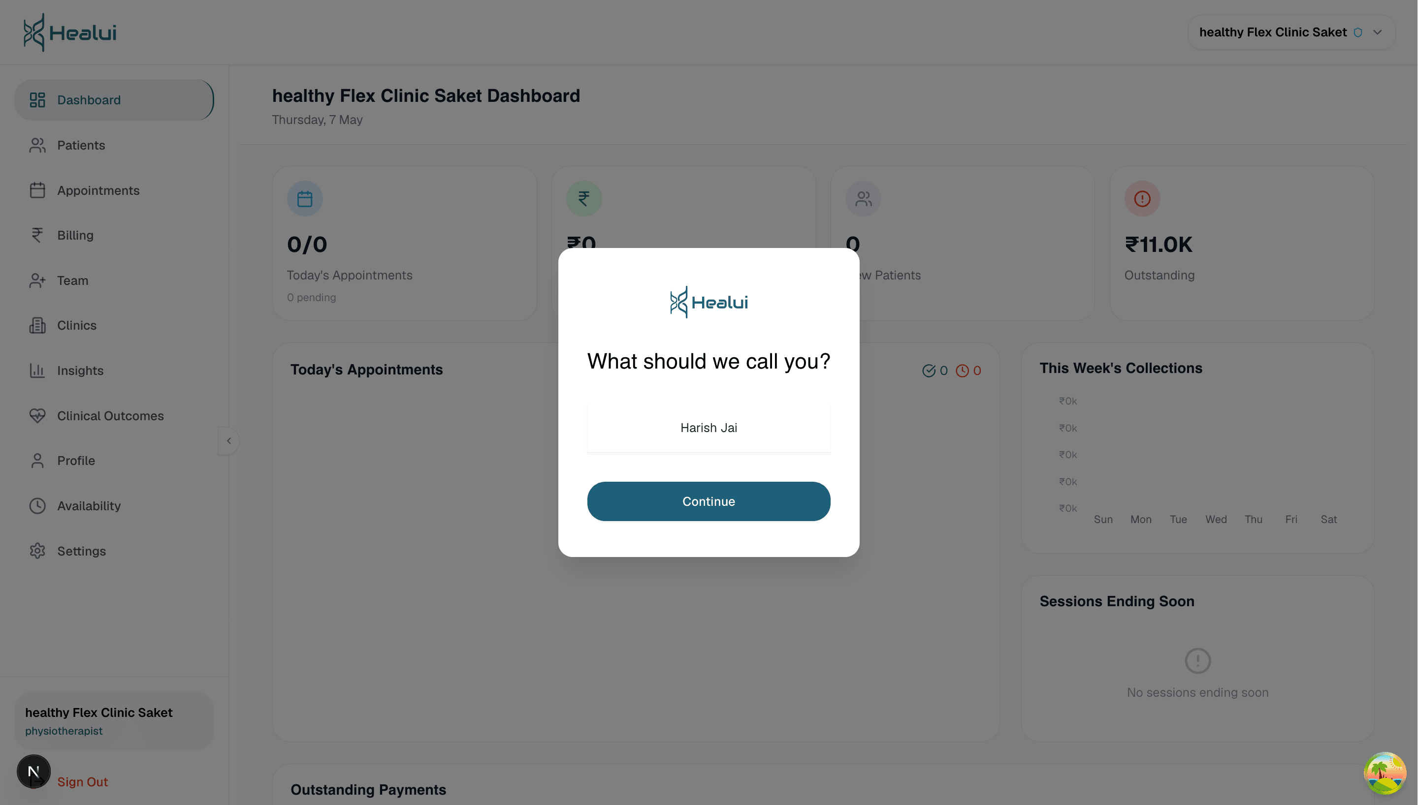 Healui Dashboard: Your clinic at a glance — Appointments, collections, sessions ending soon — one command center.