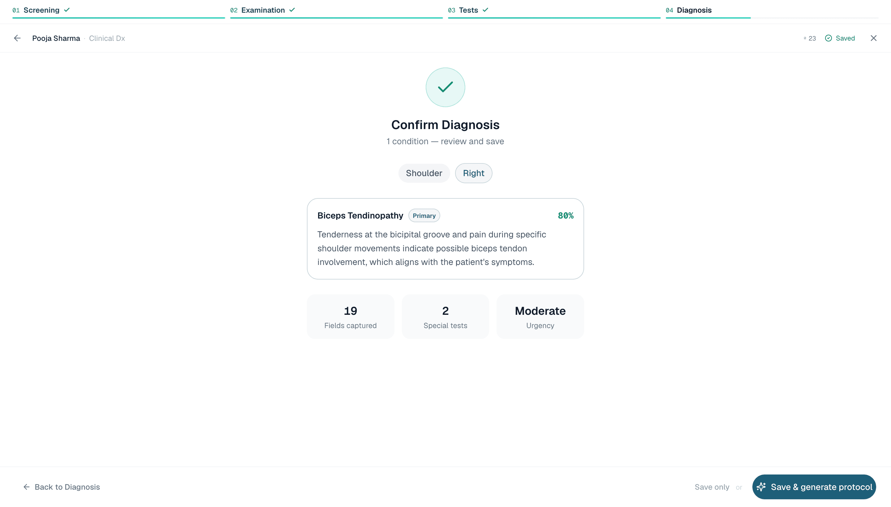 Healui confirm diagnosis summary with captured fields and urgency