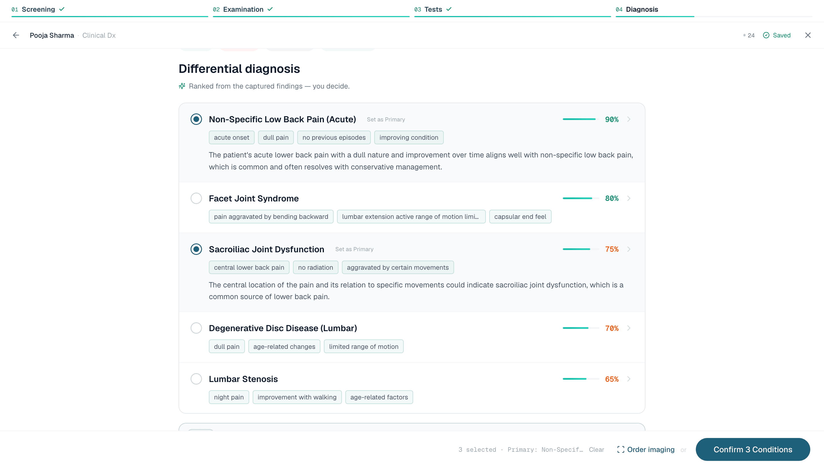 Healui differential diagnosis with conditions selected and rationale expanded