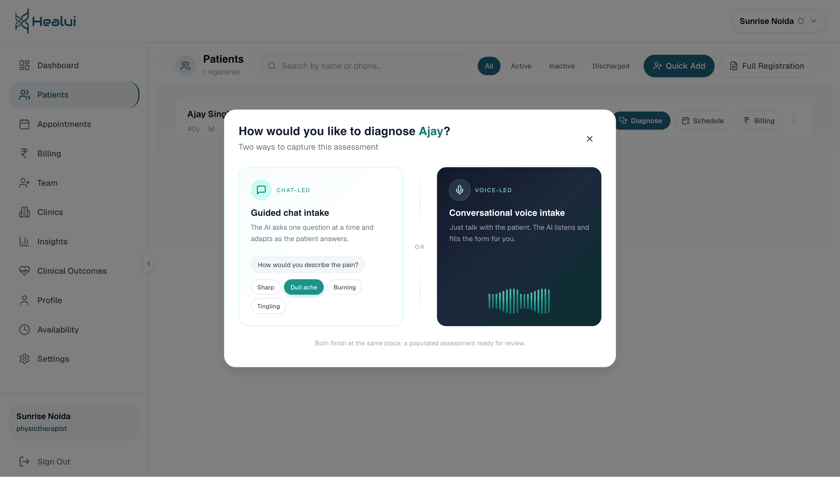 Healui Voice or Chat: Talk or type — same result. — Speak naturally with the patient or run a guided chat. AI populates the assessment.