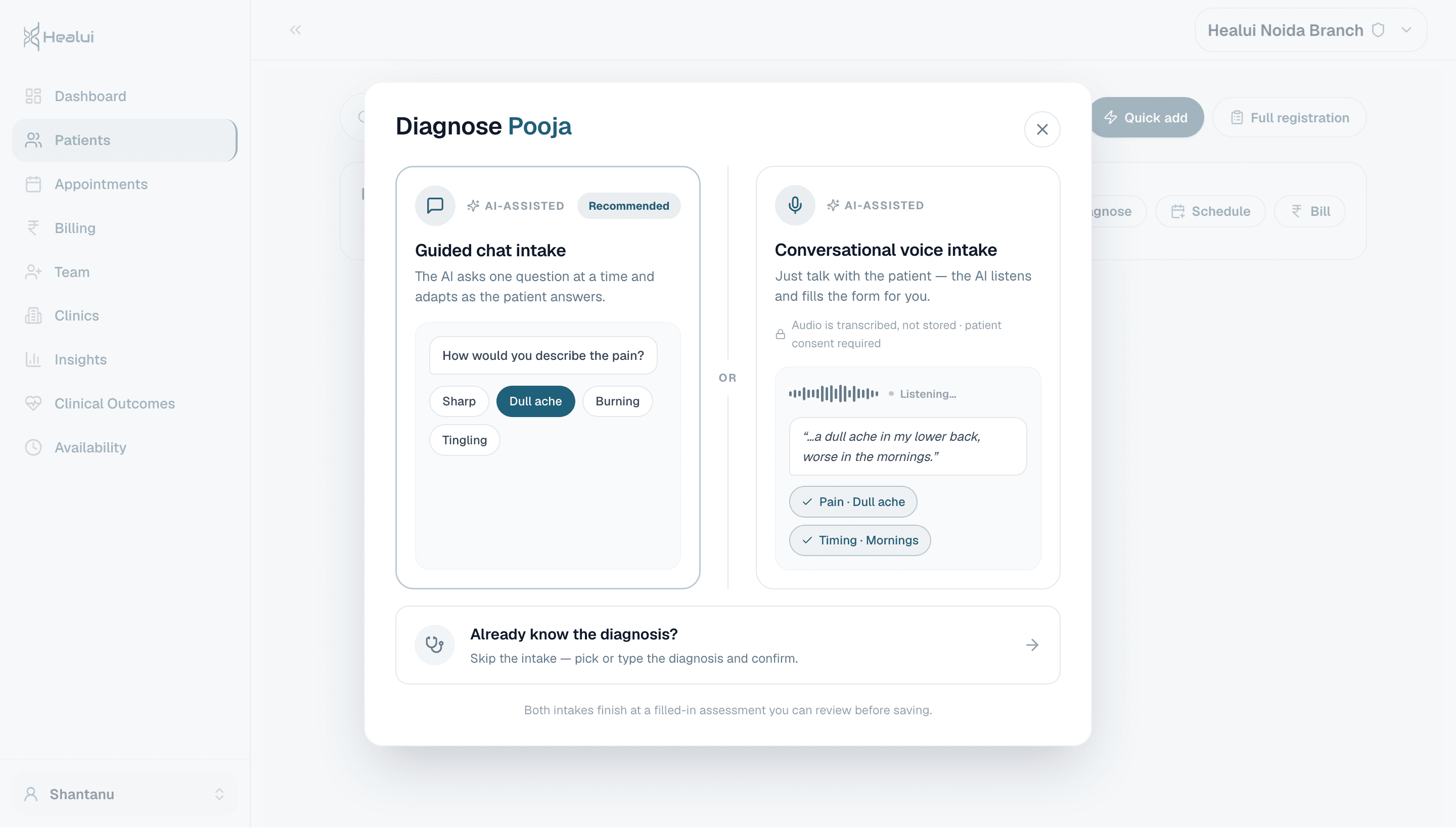 Healui intake choice: guided chat intake or conversational voice intake with live transcript