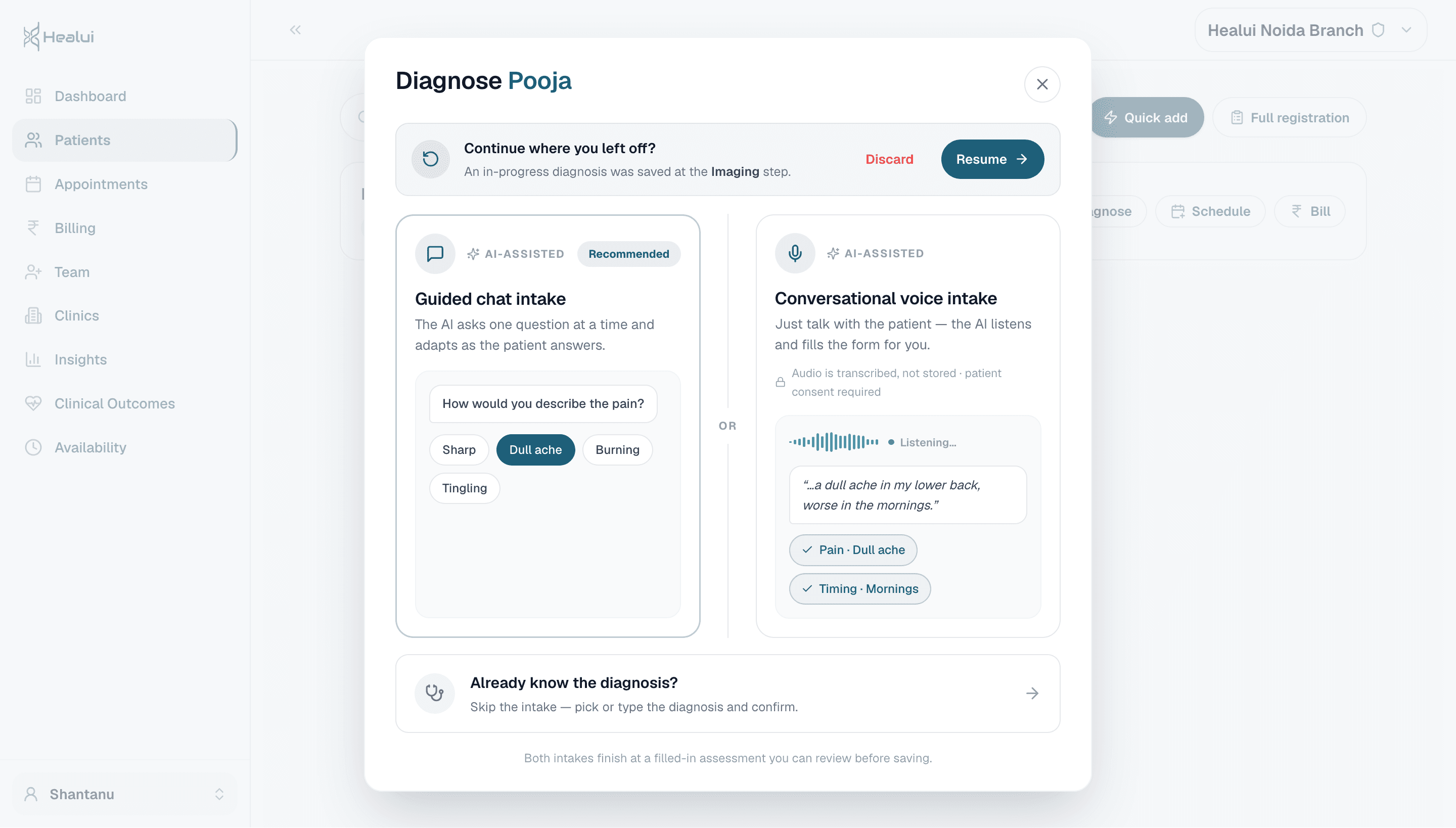 Healui intake with a resume in-progress diagnosis banner