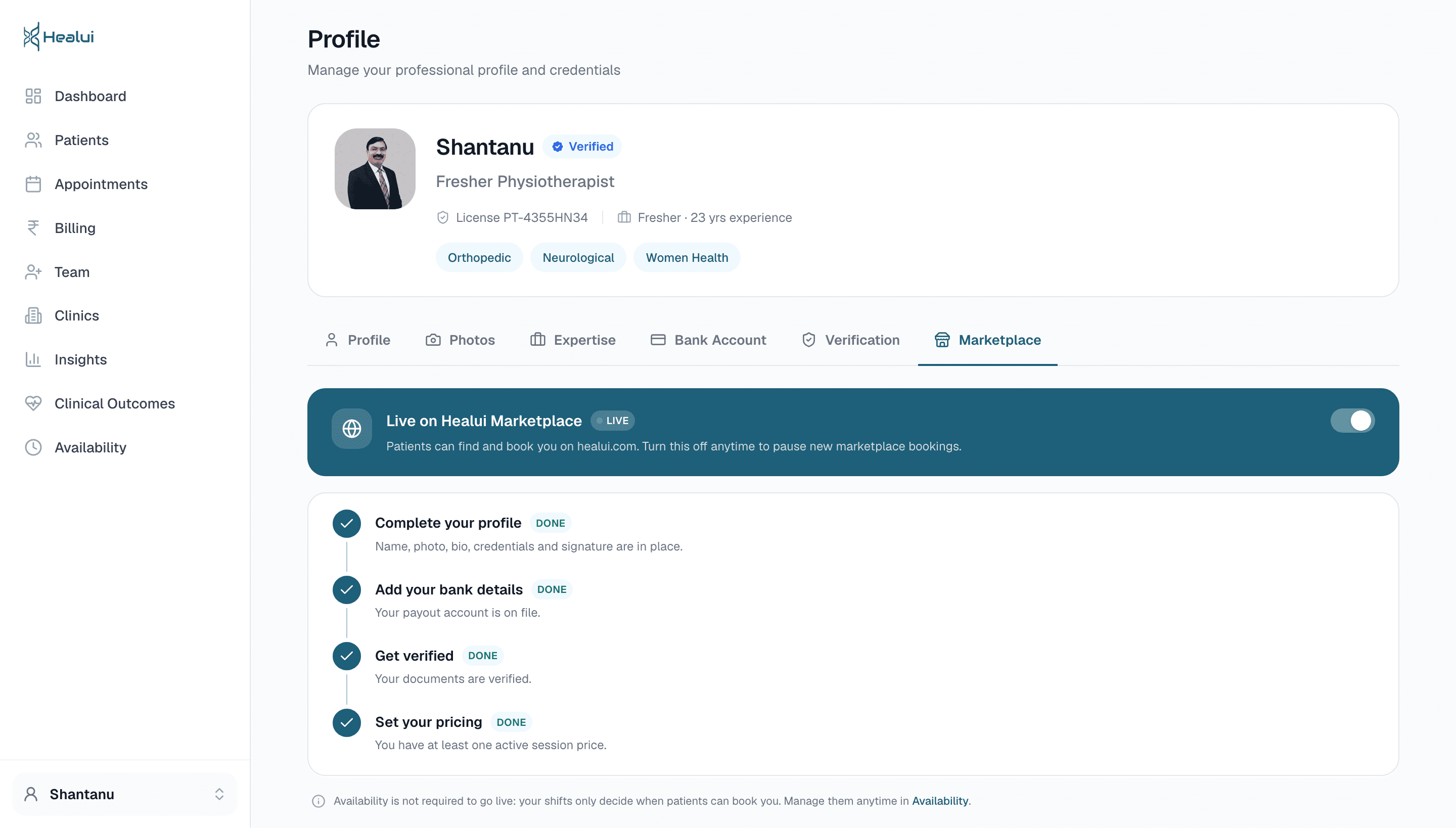 Healui profile Marketplace tab with the Live on Healui Marketplace toggle and onboarding checklist