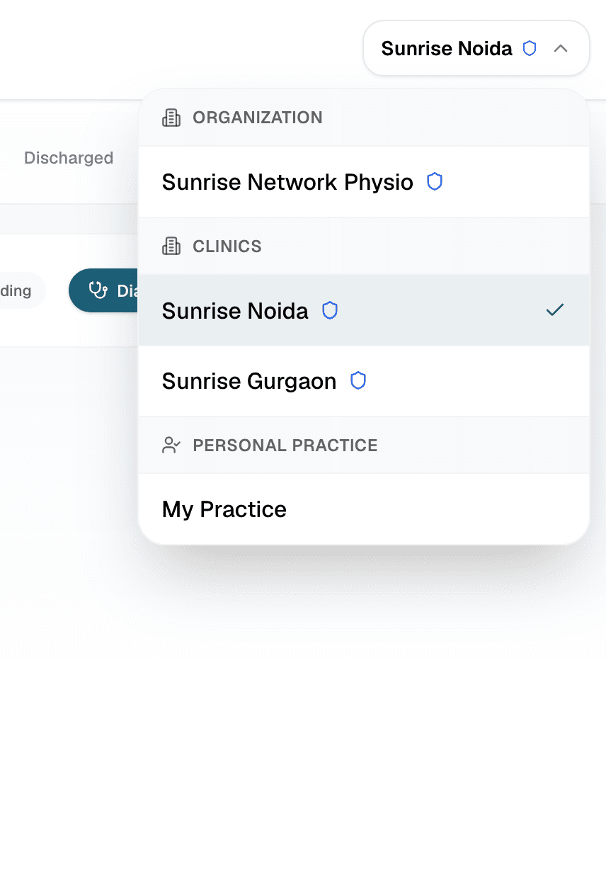 Healui Multi-Clinic: Org → clinics → practice — One login, every location.