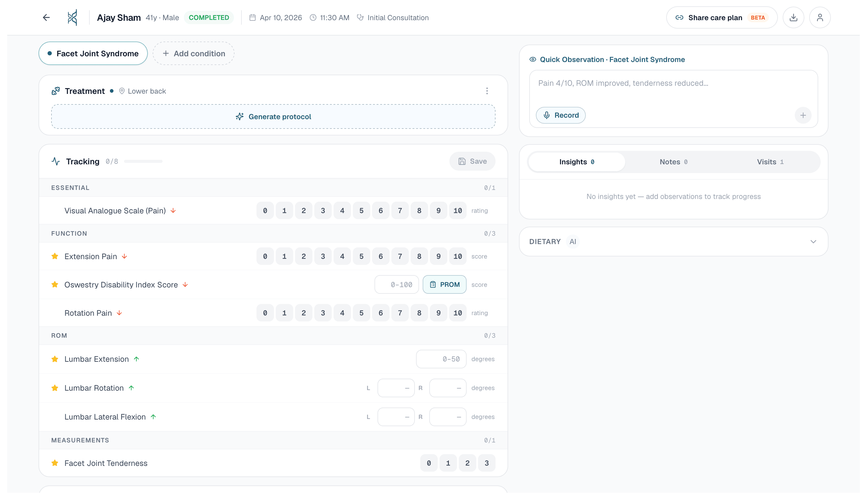 Healui condition tracking: VAS, PROM, ROM and measurement fields for a visit with insights panel