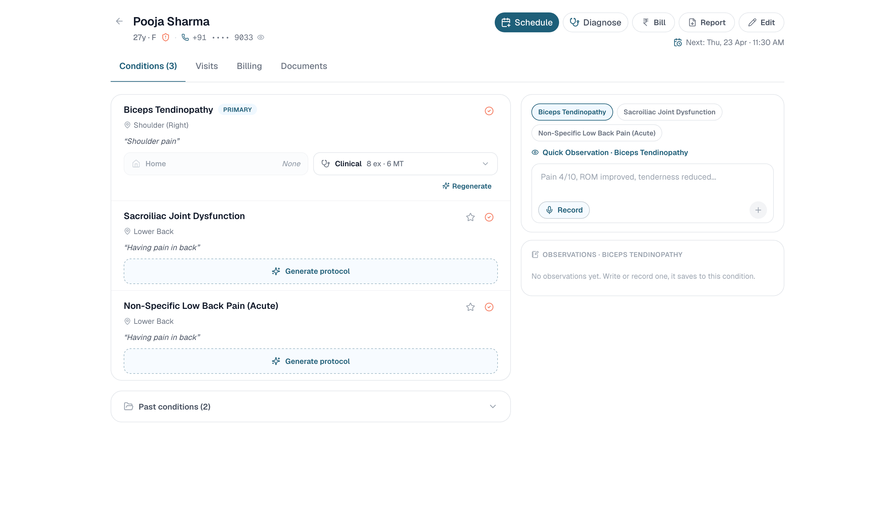 Healui patient chart with multiple conditions and protocols