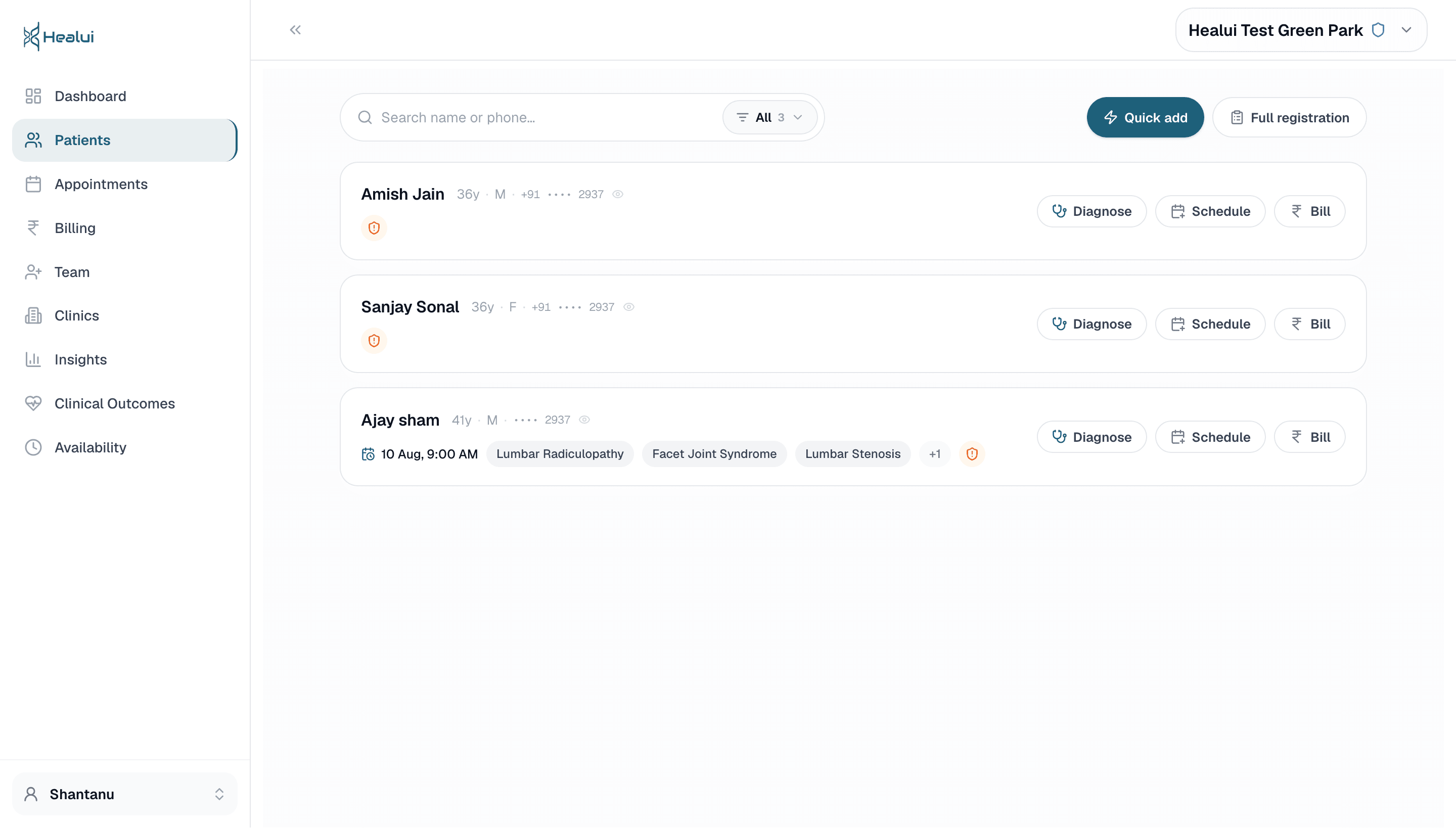 Healui patient list with quick actions