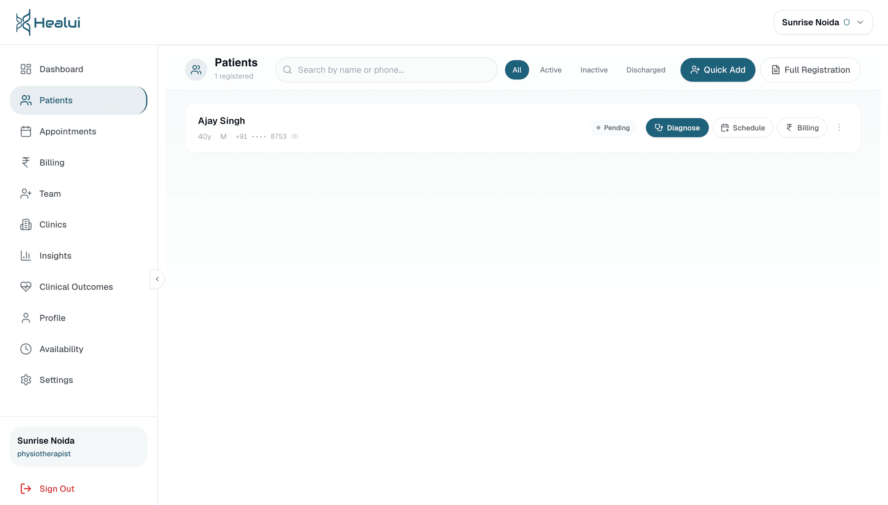 Healui Patients: Registry & records — Quick-add, search, history.