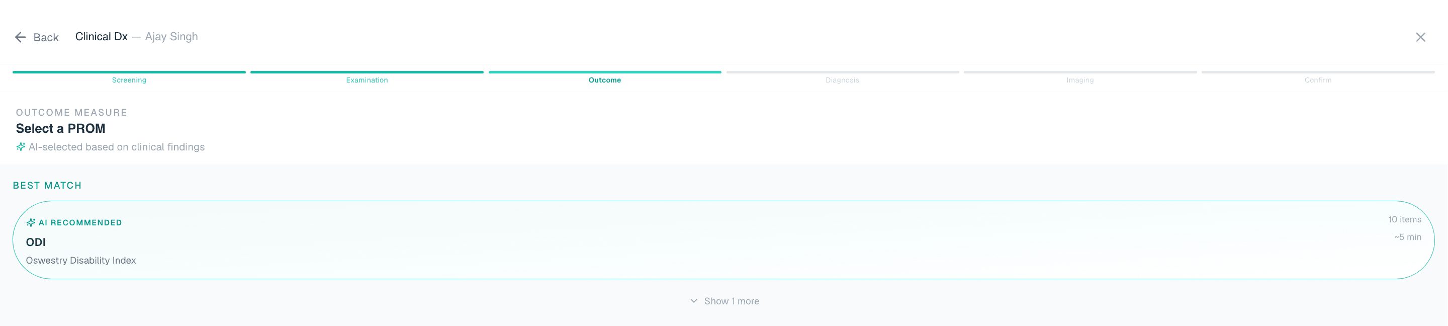 Healui AI PROMs: The right outcome measure, picked for you. — AI auto-selects from 47 validated PROMs — ODI, KOOS, DASH and more.