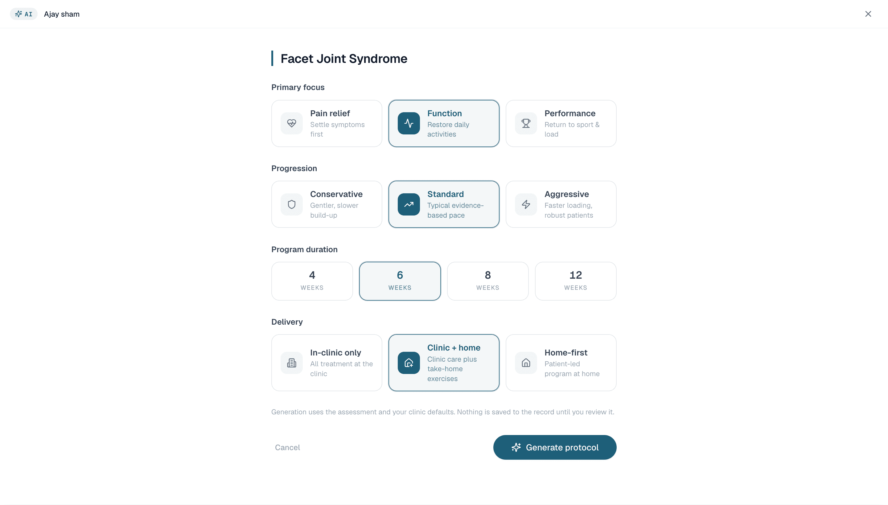 Healui protocol preferences with focus, progression and duration