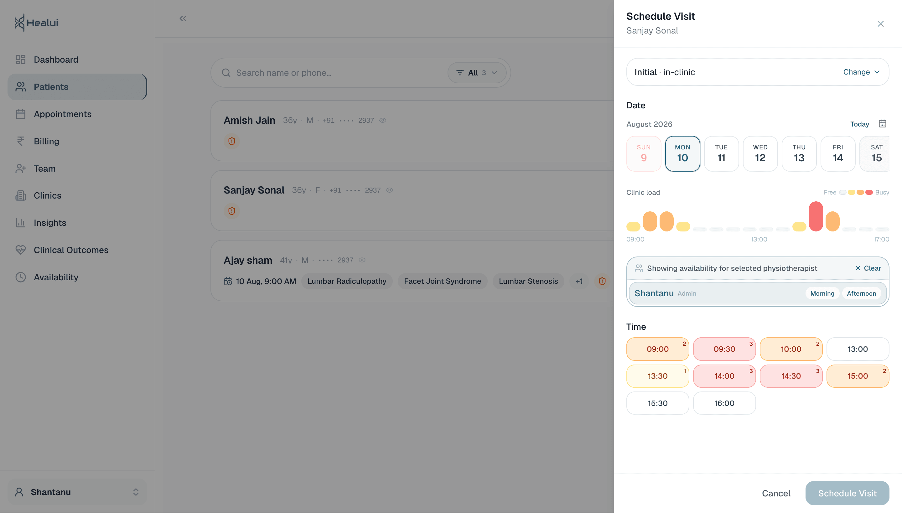 Healui schedule visit with clinic load heatmap and slots