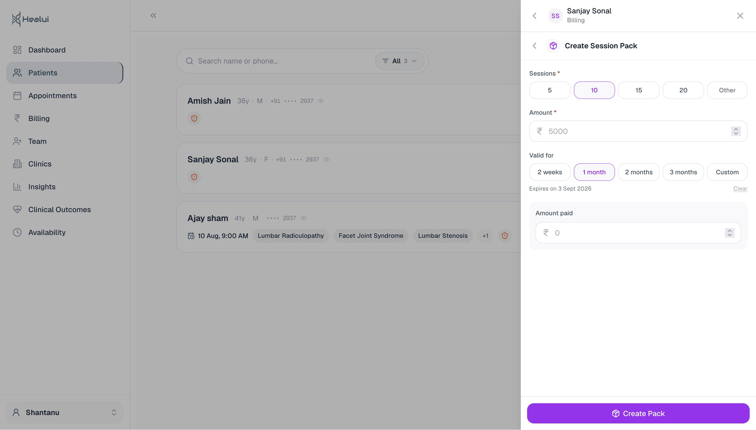Healui session pack billing