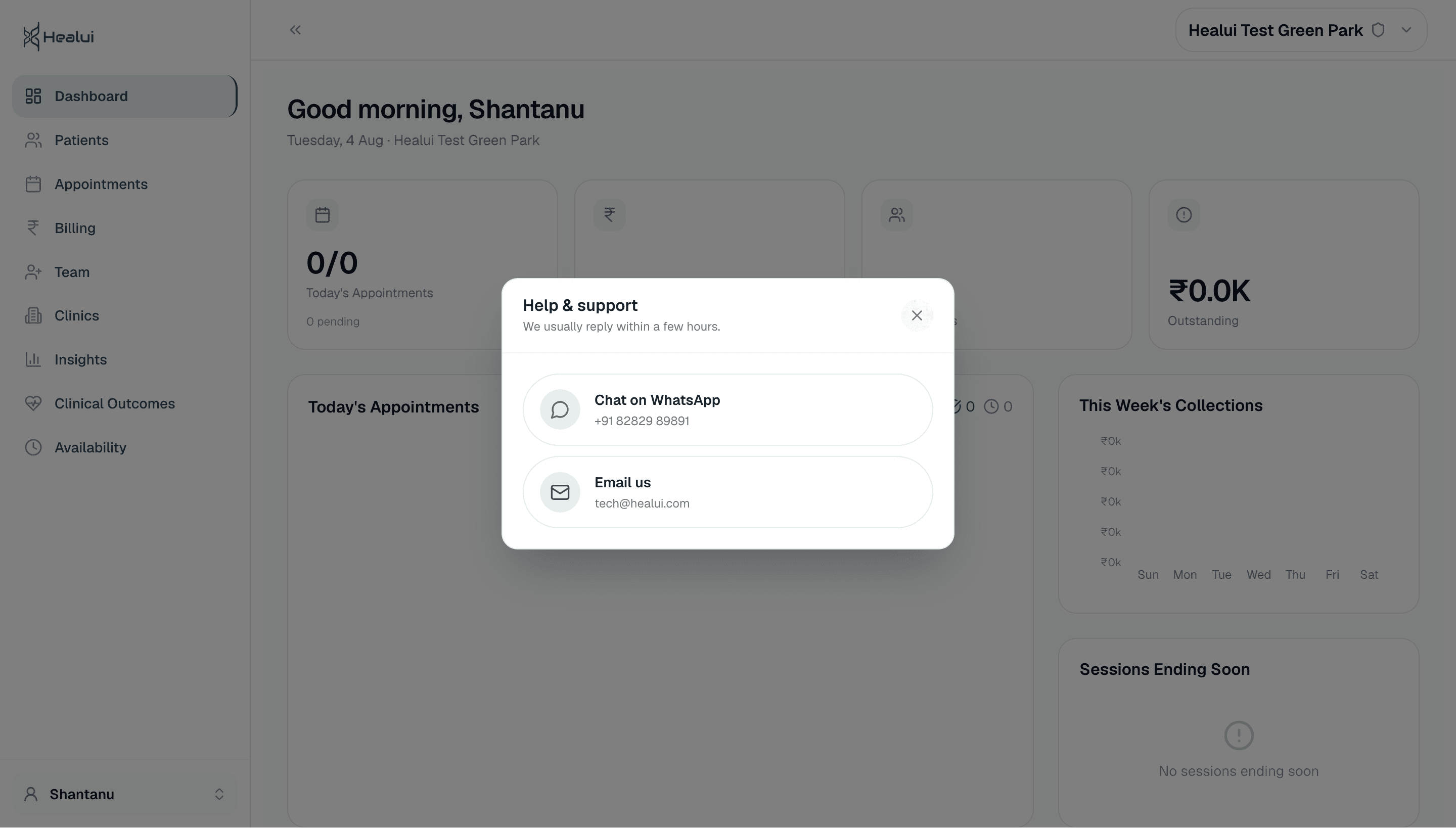 Healui help and support with WhatsApp chat and email options