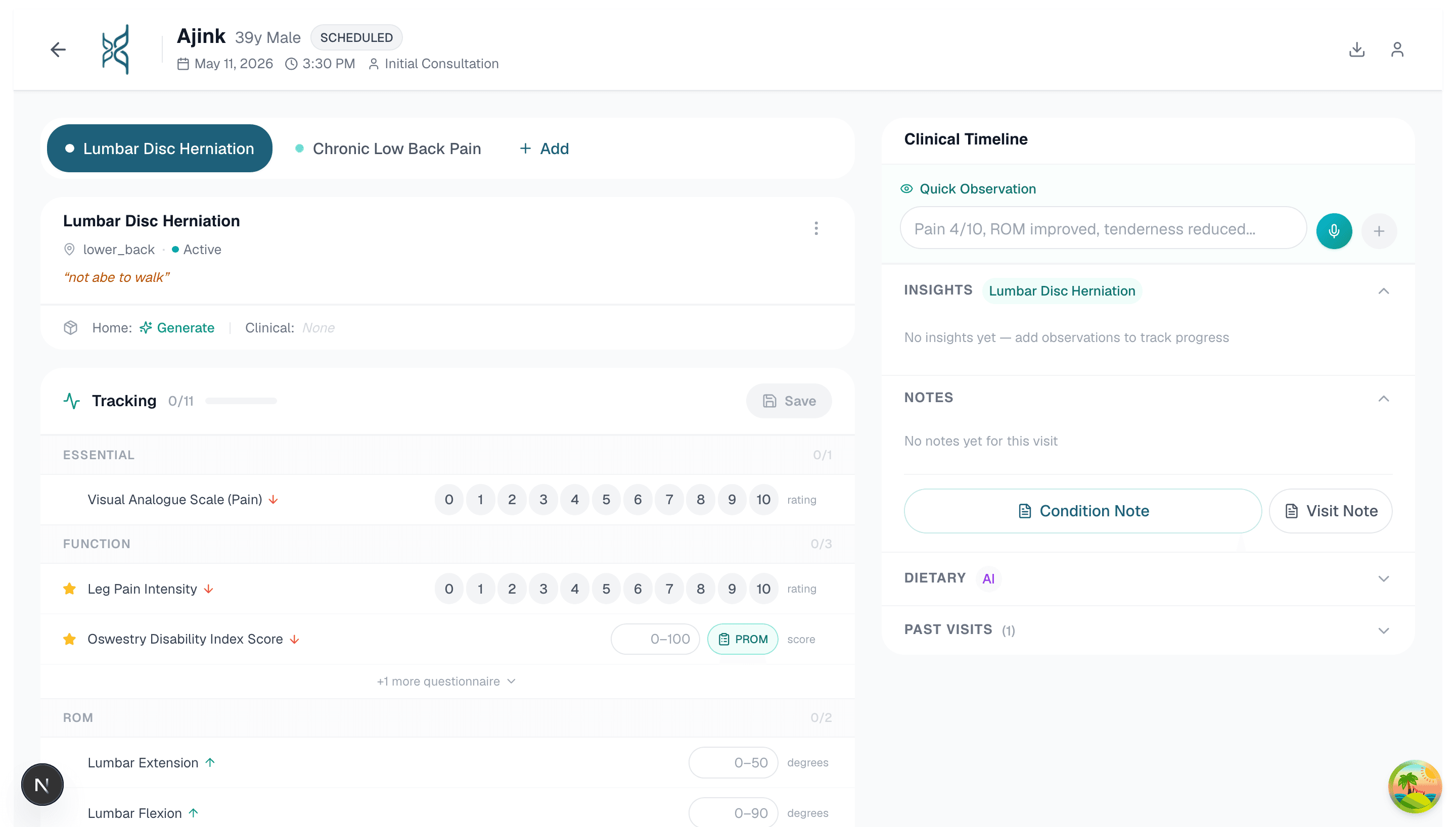 Healui Outcome Tracking: Every visit, every measure. — VAS, ROM, PROMs and clinical timeline — longitudinal, not floating in notes.