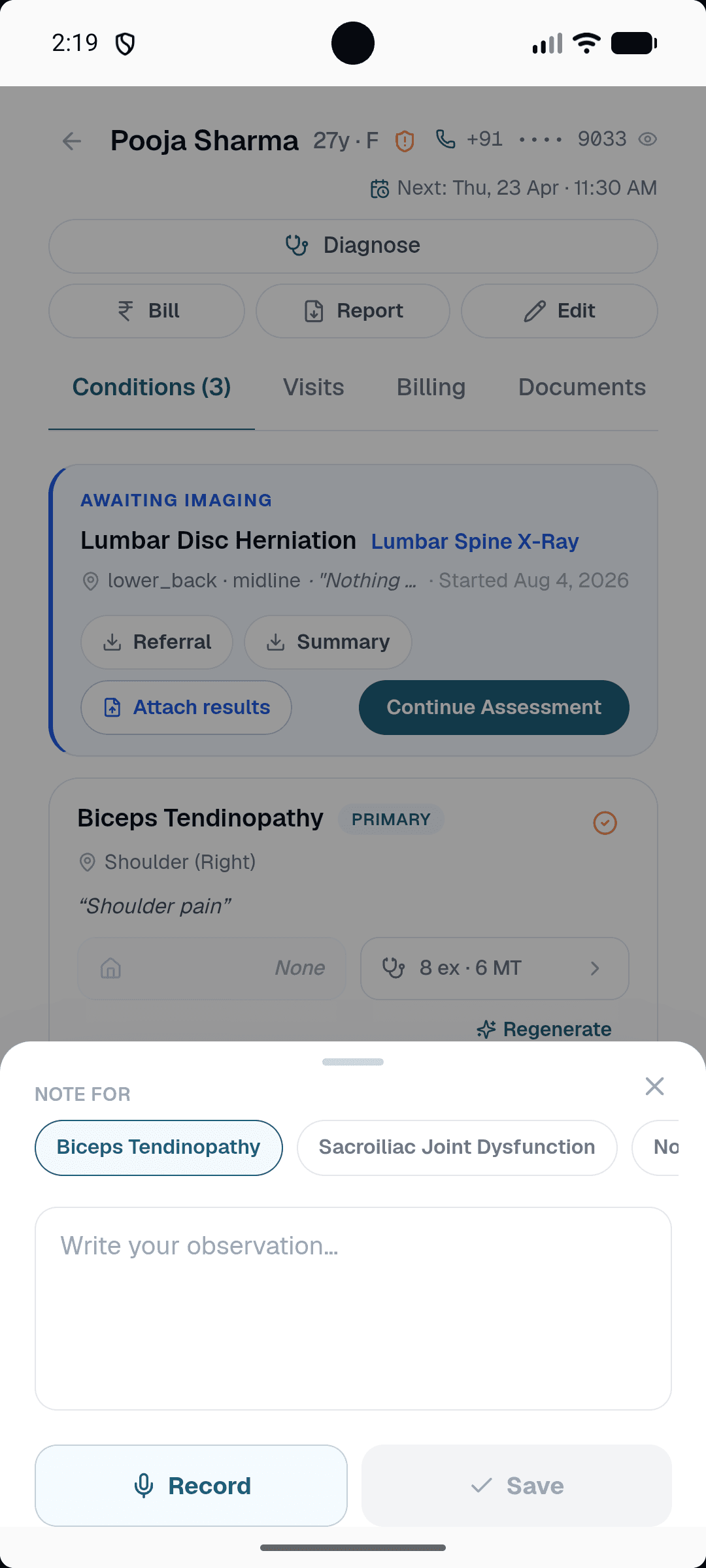 Healui mobile clinical note sheet