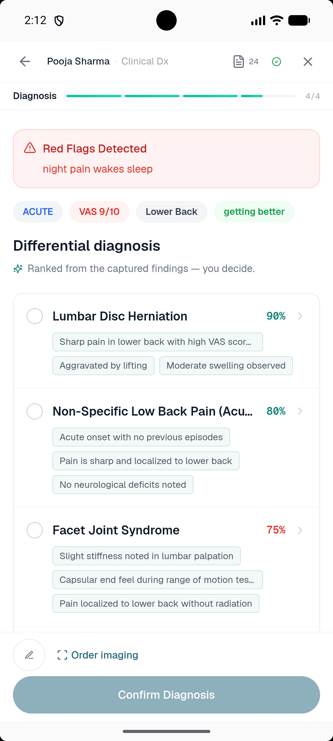 Healui mobile differential diagnosis: ranked conditions with red-flag alert on the phone
