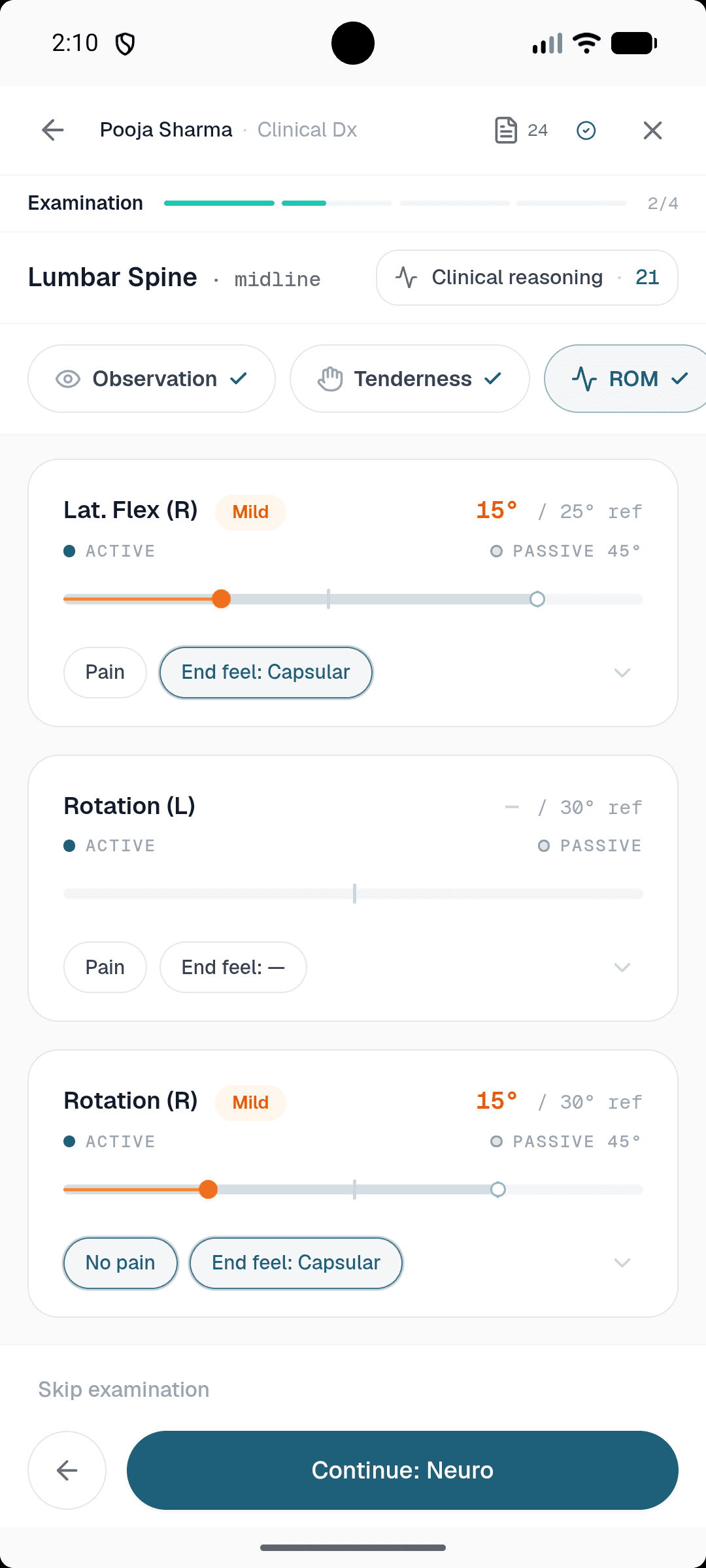 Healui mobile examination: recording lumbar ROM with dual sliders on the phone