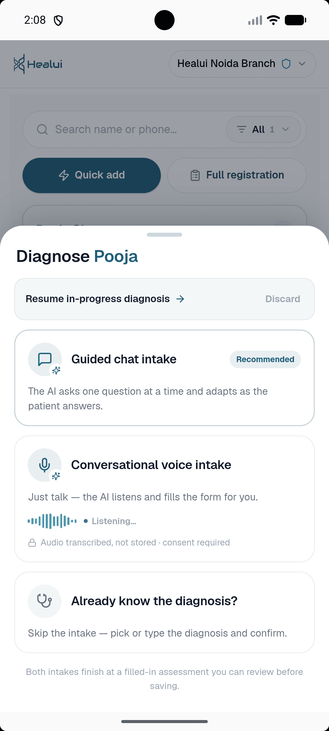 Healui mobile intake: guided chat or conversational voice intake on the phone