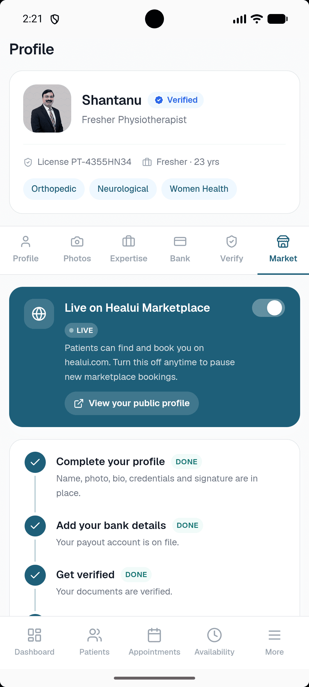Healui mobile profile with the Live on Healui Marketplace toggle