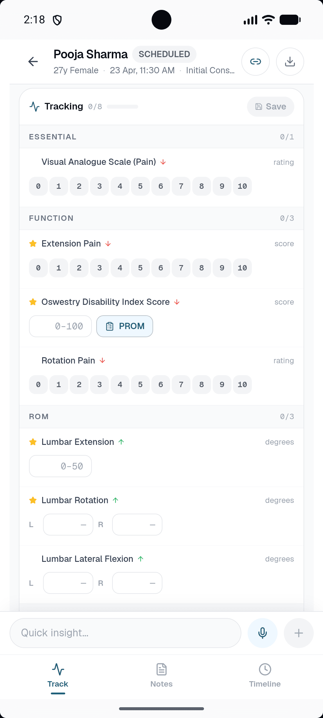 Healui mobile tracking: outcome measures with improvement-direction arrows on the phone