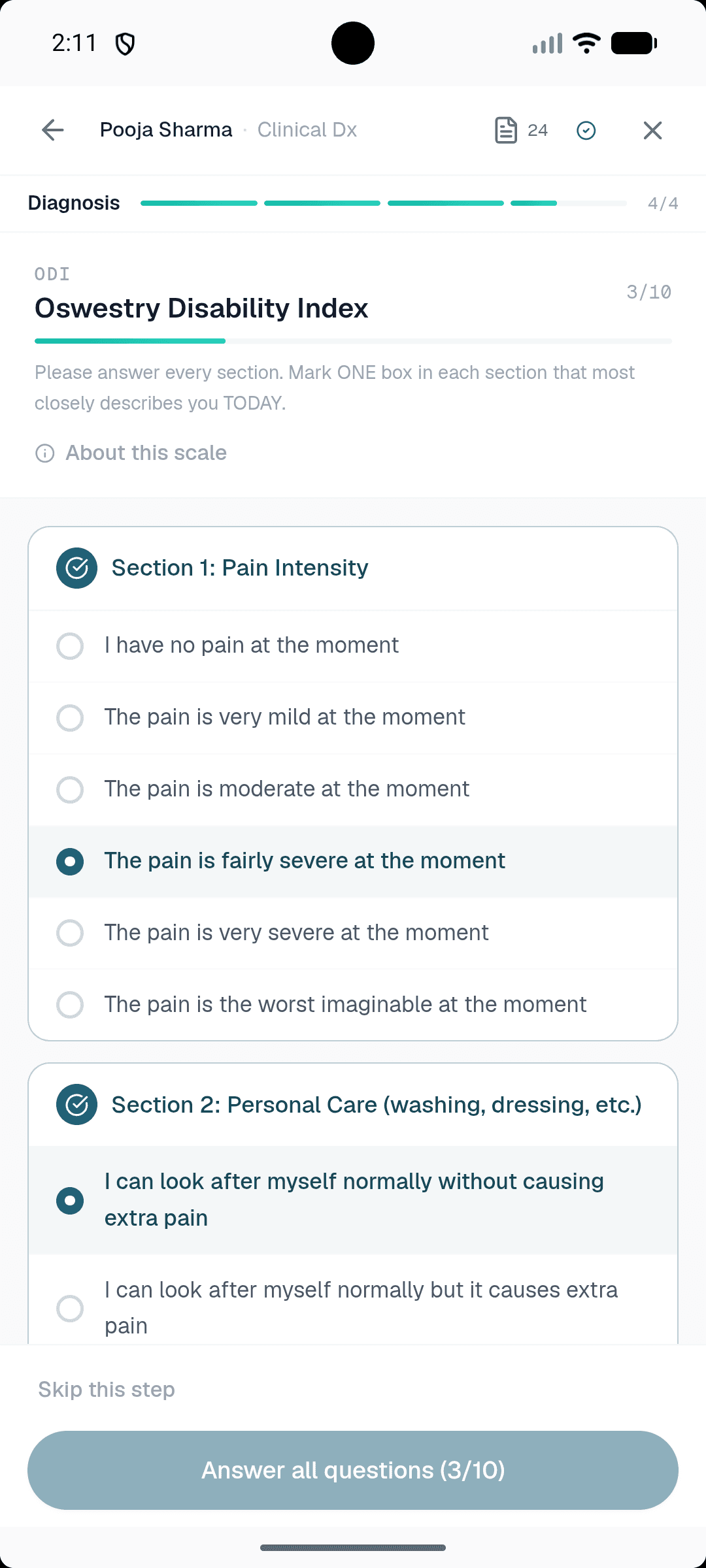 Healui mobile PROM: Oswestry Disability Index questionnaire in progress