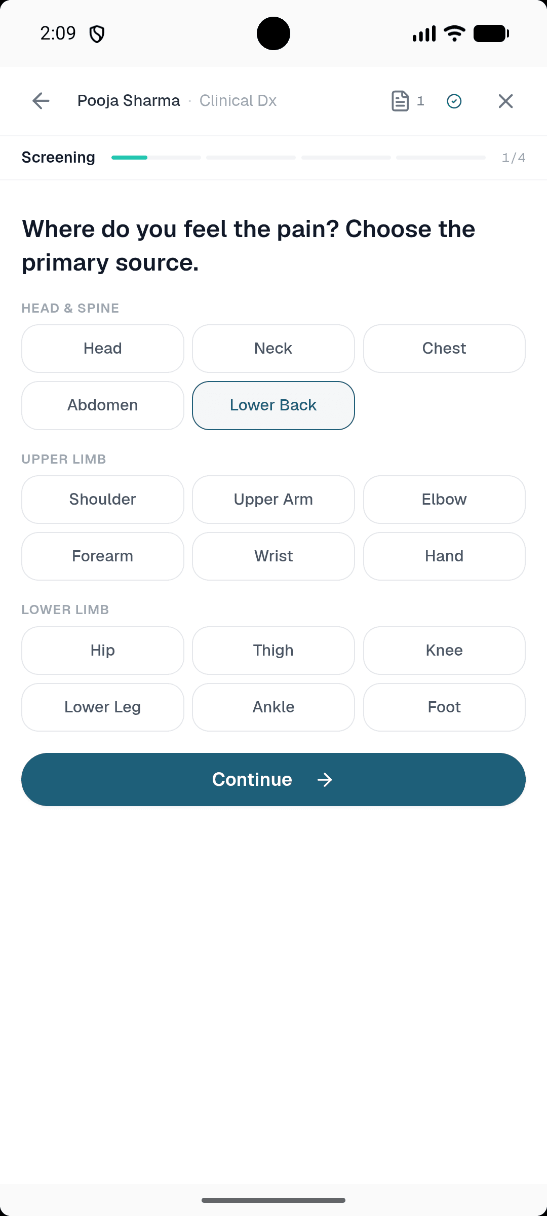 Healui mobile screening: choosing the primary pain region on a body map