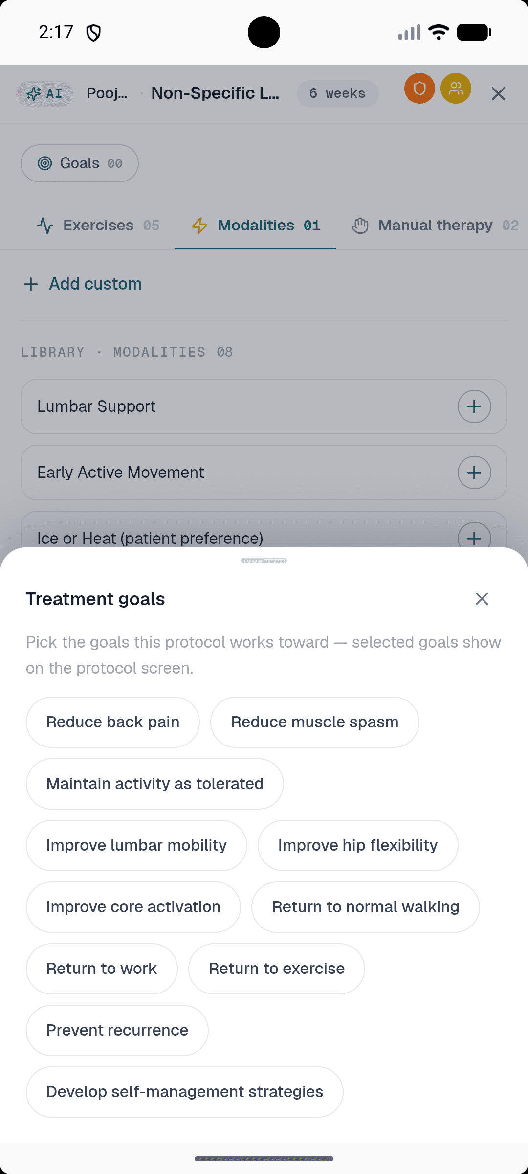 Healui mobile treatment goals picker