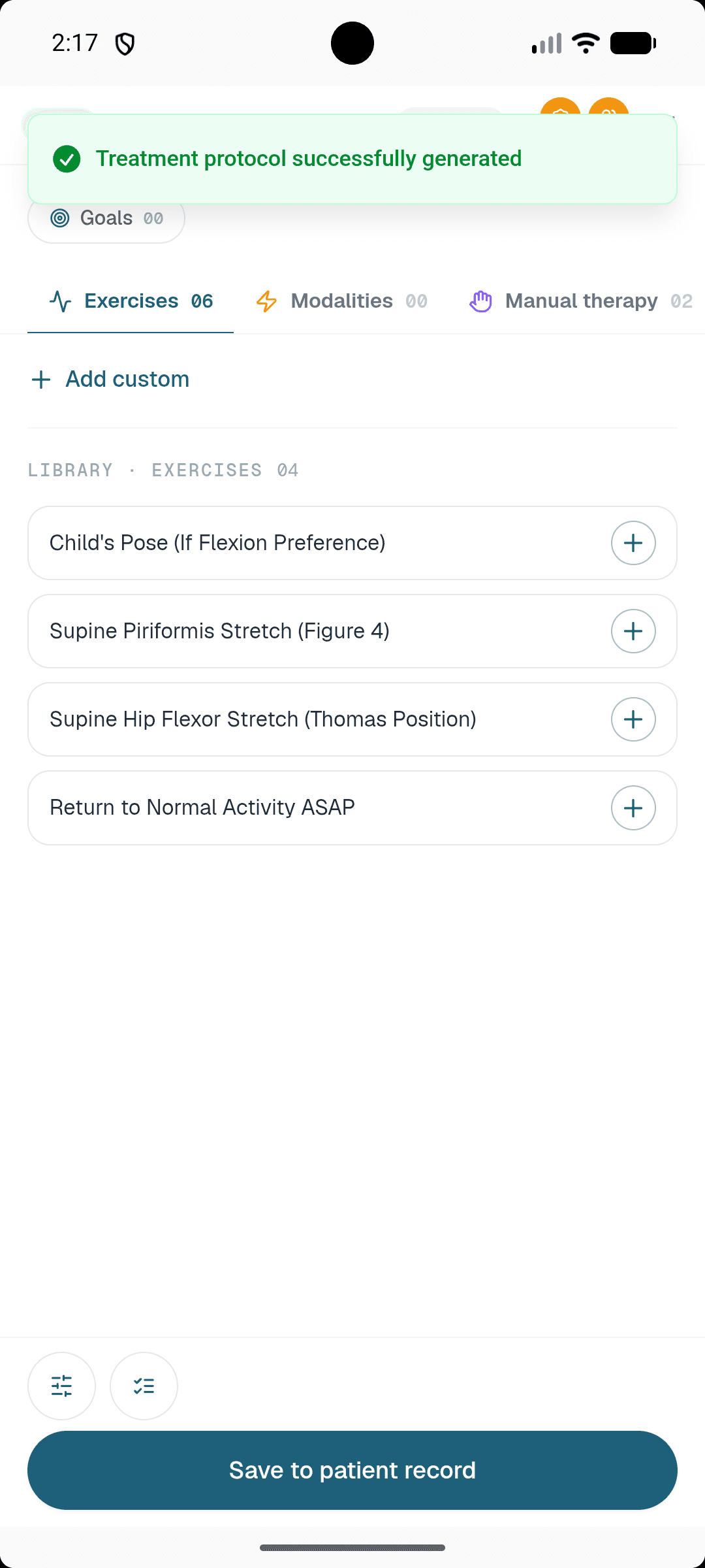 Treatment protocol generated by Healui on a phone: phased exercises with sets and reps